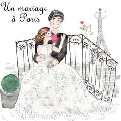 パリで結婚式の記念撮影、エッフェル塔を背景に